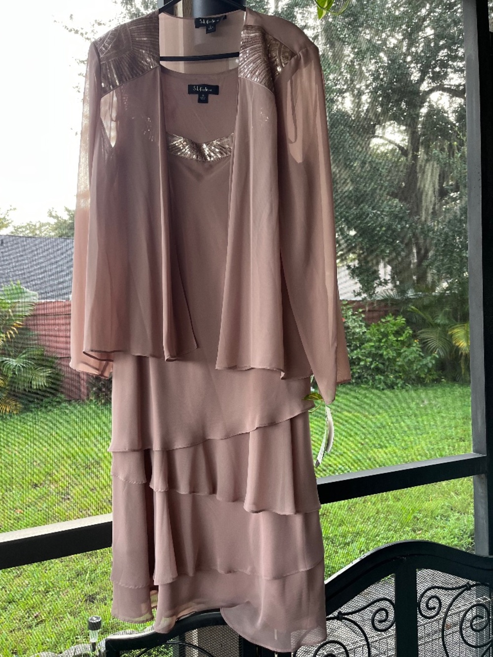 S.L.Fashions two-piece formal dress +jacket set dust rose cashmere size 16